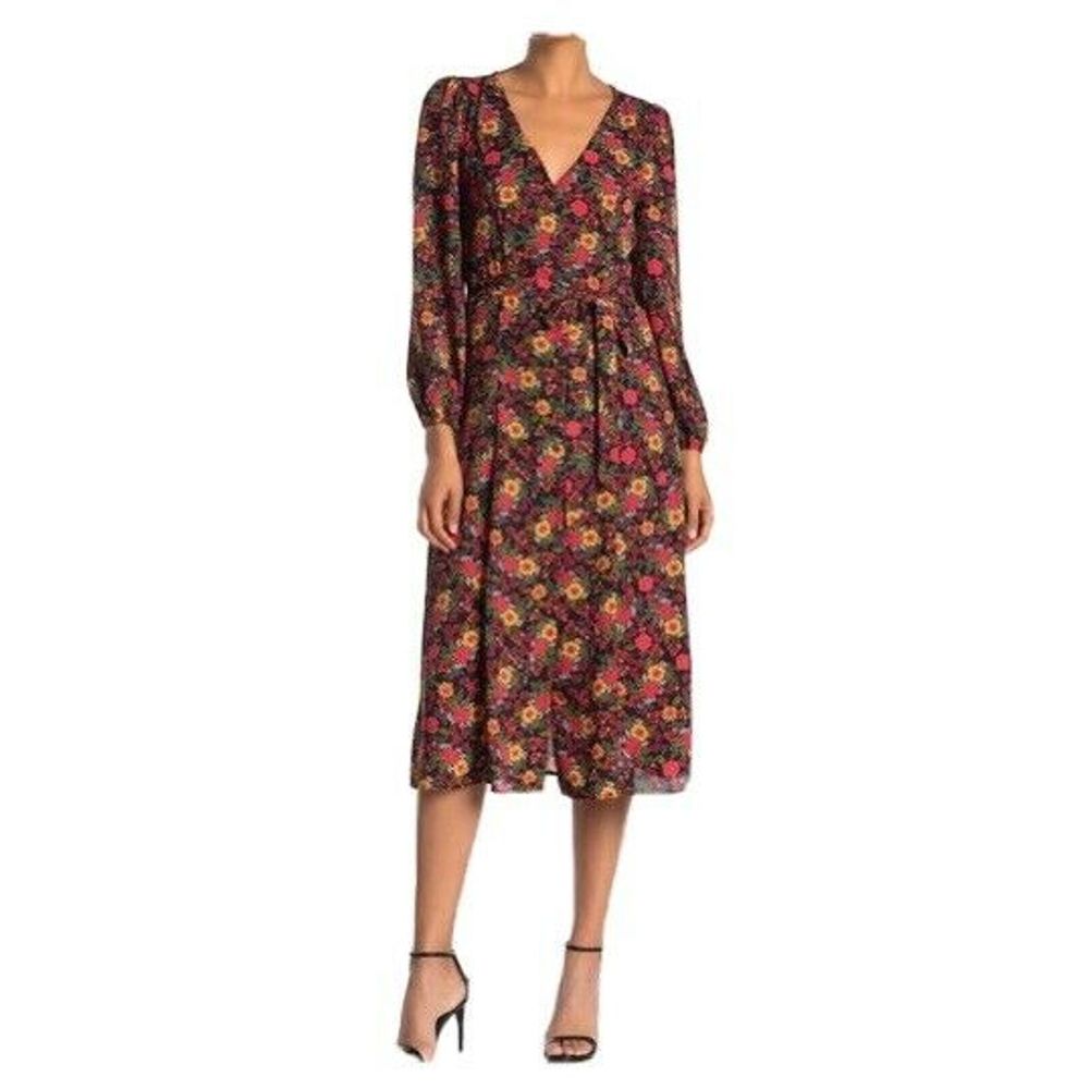 Bobeau Floral‎ Long Sleeve Midi Dress Sz XL